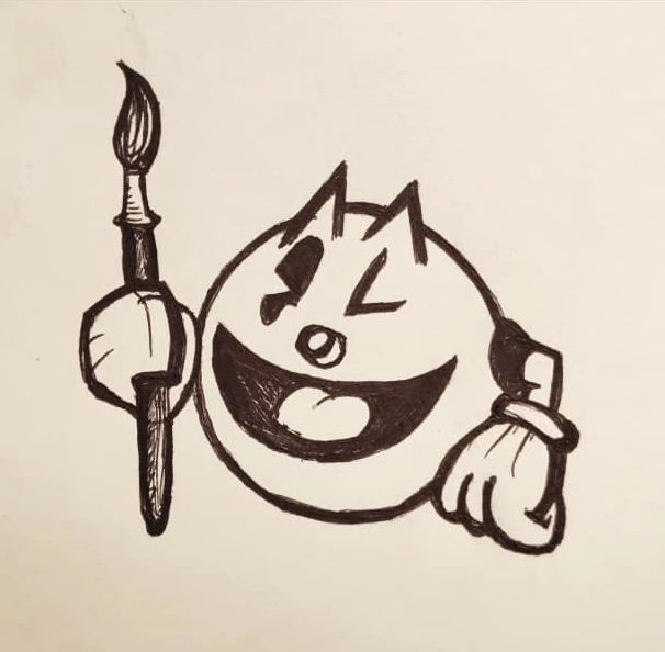 Dibujo a tinta de la mascota de Pacman Art Estudio sujetando un pincel